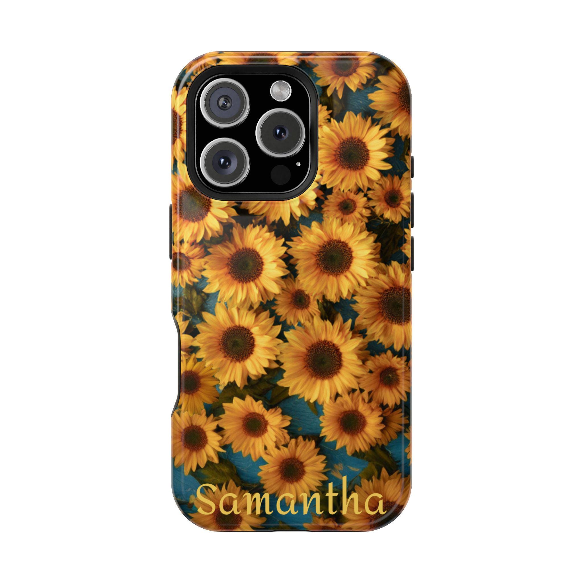 Personalized Sunflowers on Blue Magnetic Safe iPhone 16,  iPhone 15, iPhone 14 and iPhone 13 Phone Cases. Sunflower Lovers