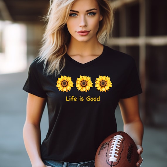 Life is Good Sunflower Shirt, Sunflower TShirt Short Sleeve V-Neck, Botanical Shirt