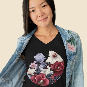 Red and Blue Flowers V-Neck T-shirt, botanical, boho flowers, cottagecore, vintage floral , floral graphic, gift for gardener image 1