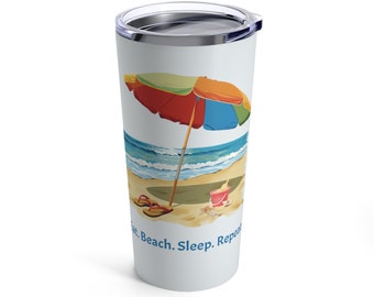 Eat. Beach. Sleep. Repeat. Tumbler 20oz. Cute Retro beach cup with and Umbrella and flip-flops at the beach