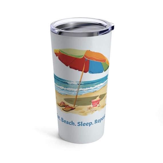 Eat. Beach. Sleep. Repeat. Tumbler 20oz. Cute Retro beach cup with and Umbrella and flip-flops at the beach