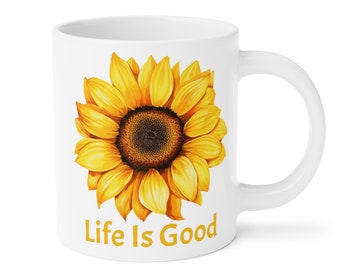 Life is Good Sunflowers Coffee Cup 15/20 oz, great Boho Sunflower mug