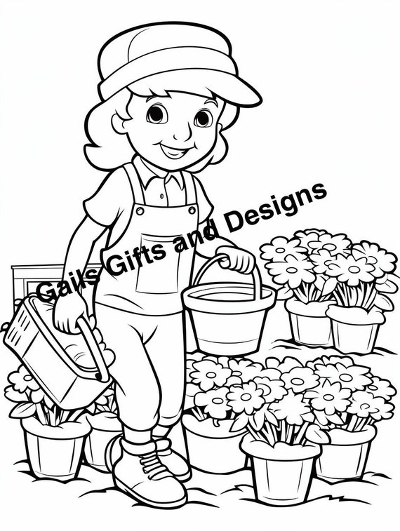 Girl gardening Coloring Page for Instant Download, Cute coloring page of a girl dressed watering flowers in a pot garden