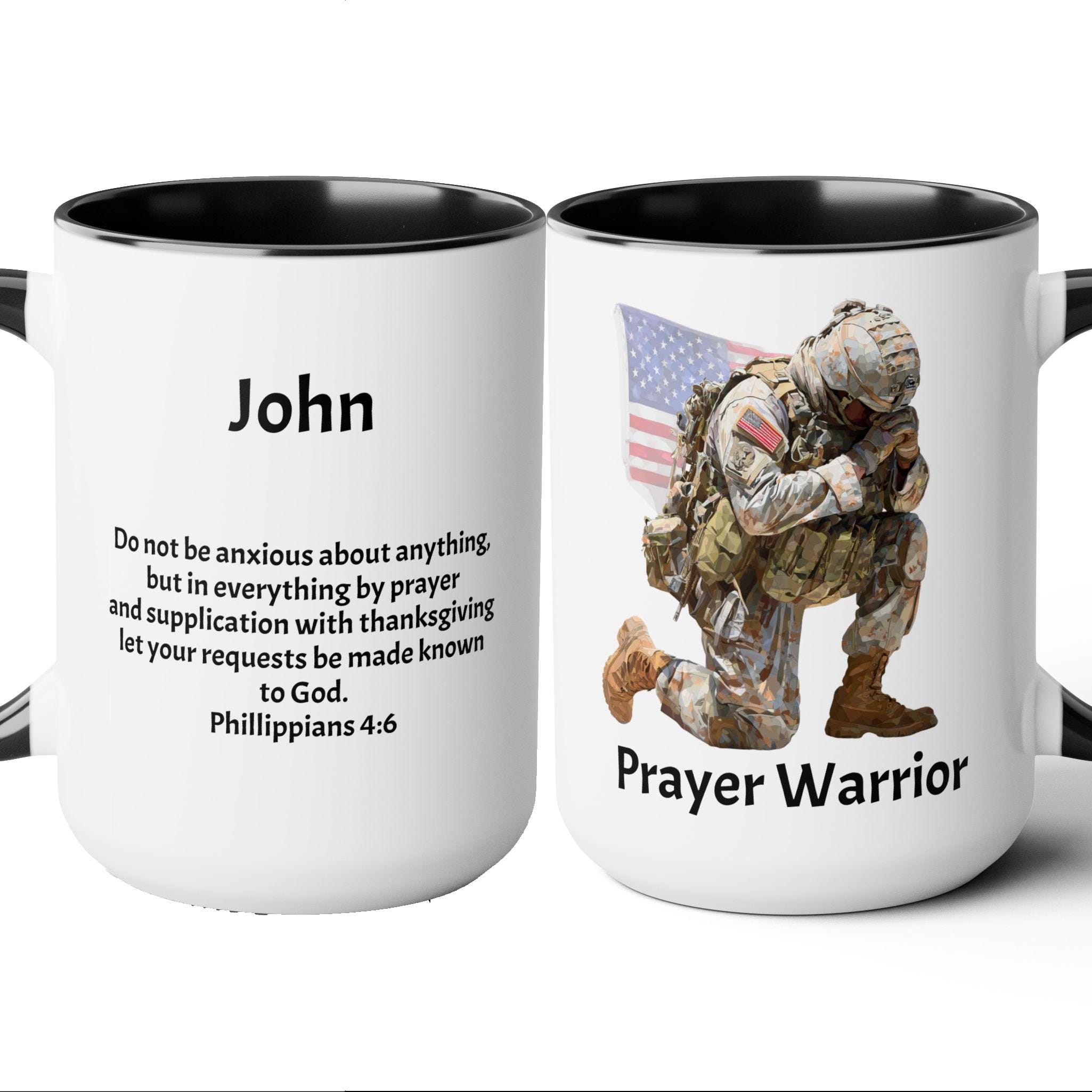 Prayer Warrior Soldier Man Personalized Coffee Cup 15 Oz with verse on the back, Custom Gift for Christian dad, Christian Men