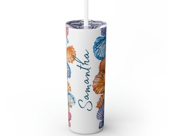 Personalized Seashell Skinny Tumbler 20oz, Custom Seashell Tumbler, Beach Travel Mug, Custom Beach Tumbler. Just add name for perfect gift!