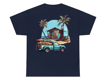 Personalized Beach House Surfing Shack Cotton T-Shirt with Customizable Shack Sign. Great gift for beach lovers.