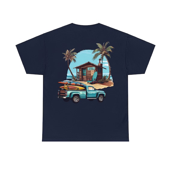 Personalized Beach House Surfing Shack Cotton T-Shirt with Customizable Shack Sign. Great gift for beach lovers.