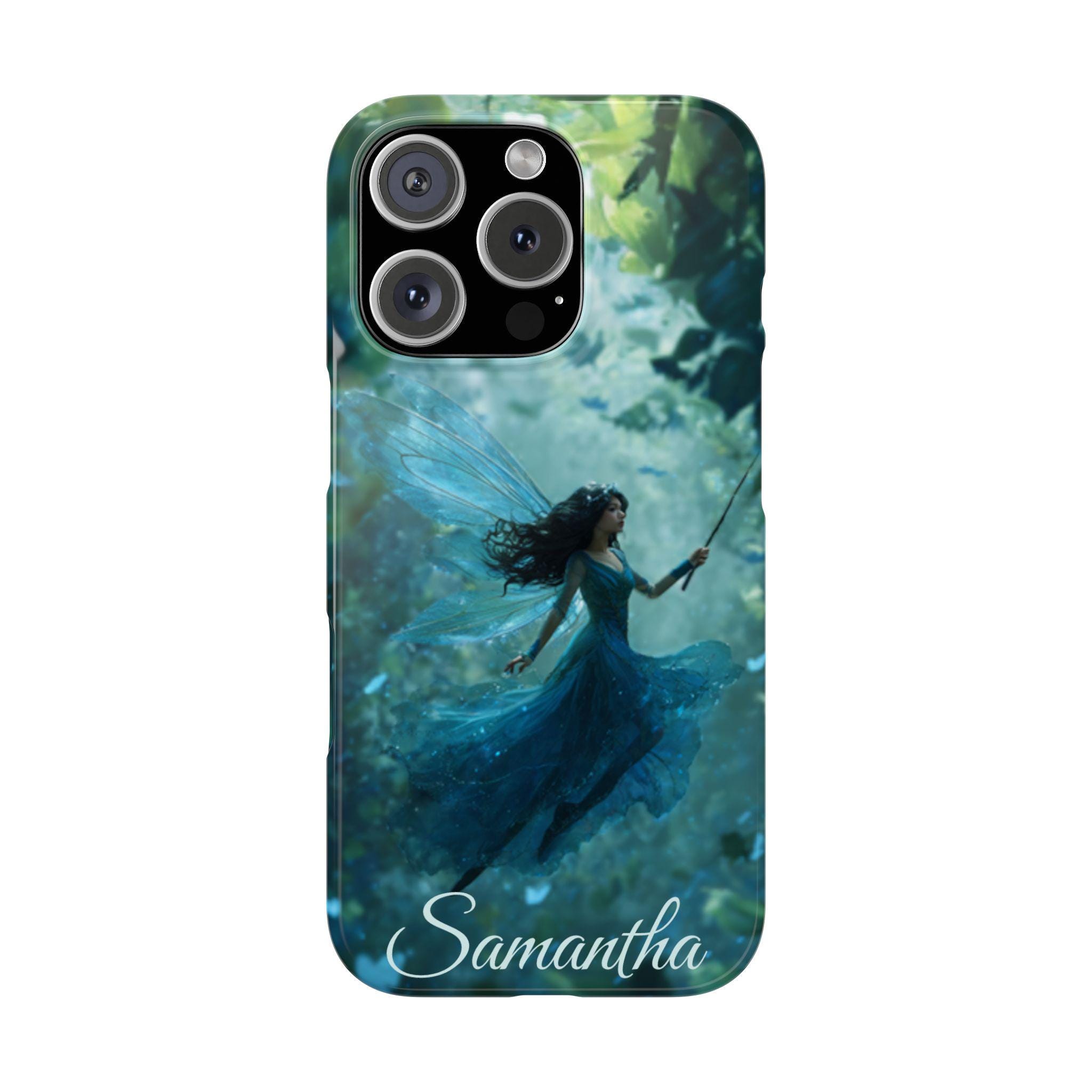 Blue Fairy Personalized iPhone 16, iPhone 15, iPhone 14, iPhone 13, iPhone 12 Case. Custom name is optional. Amazing Blue Fairycore fairy.