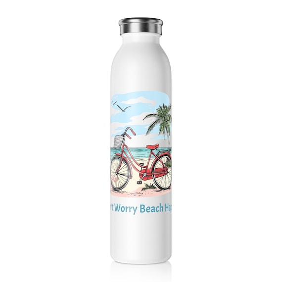 Retro Red Beach Bike, Don't Worry Beach Happy Slim Water Bottle. Perfect gift for Beach Lover, Travel Bottle for Vacation