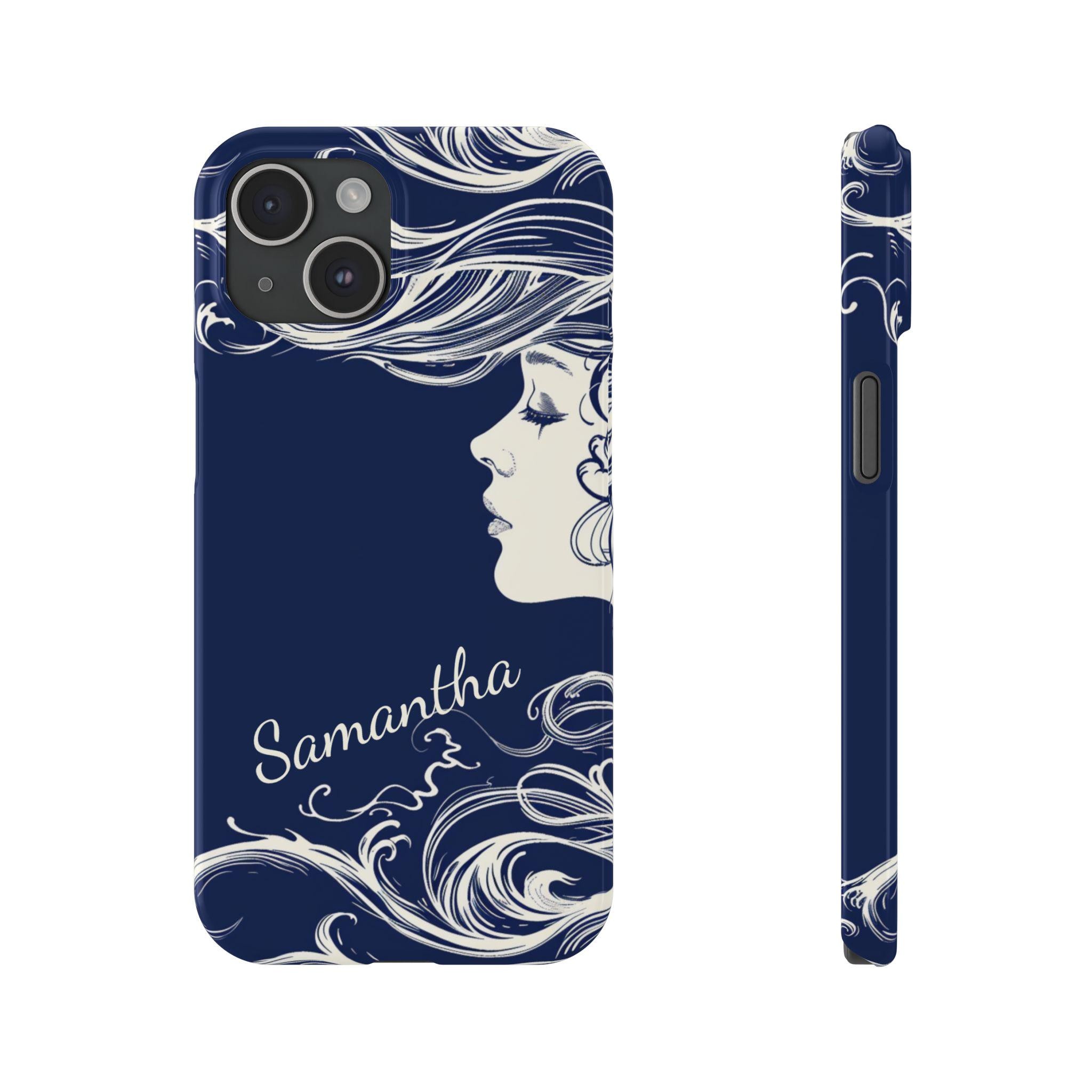 Personalized Woman with Ocean Hair on iPhone 16, iPhone 15, iPhone 14 and iPhone 13, iPhone 12 Phone Cases. Custom Flowing Hair iPhone case.