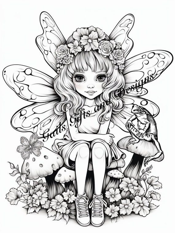 Fairy with Toadstool Coloring Page for Adults Downloadable File Book Three, Amazing Fairy, Fairycore fairy with Flowers and a Frog