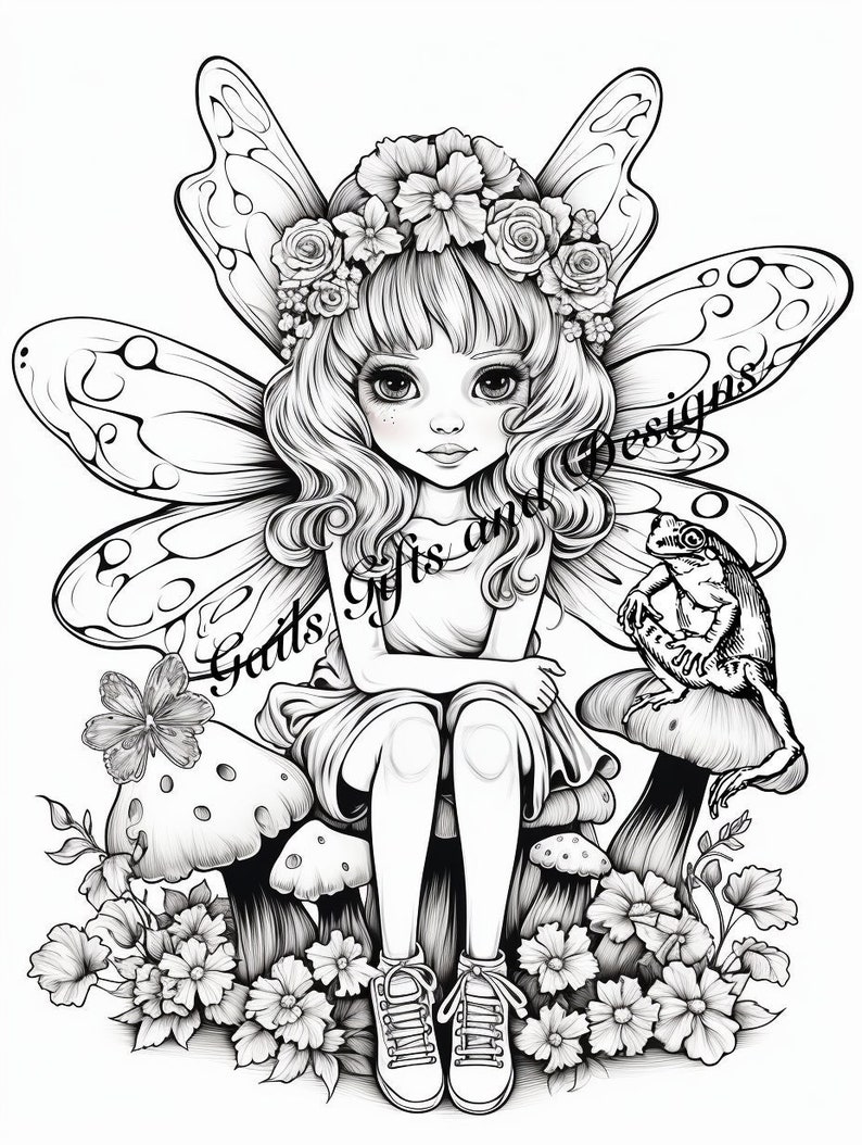 Fairy with Toadstool Coloring Page for Adults Downloadable File Book Three, Amazing Fairy, Fairycore fairy with Flowers and a Frog image 1