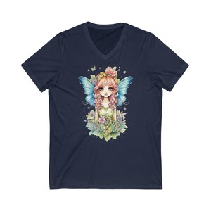 Fairy with Blue Wings V-Neck t-shirt. Amazing Pretty Fairycore fairy in beautiful Flowercore colors Navy