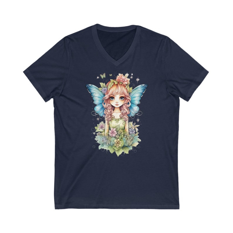 Fairy with Blue Wings V-Neck t-shirt. Amazing Pretty Fairycore fairy in beautiful Flowercore colors Navy