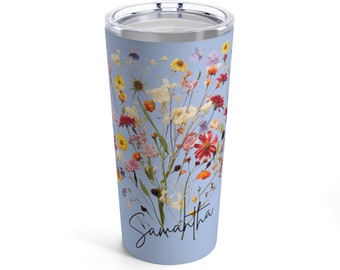 Personalize this Boho Wildflower Tumbler with your name in Script, Custom cup, custom Wildflower tumbler, boho wildflowers, floral cup