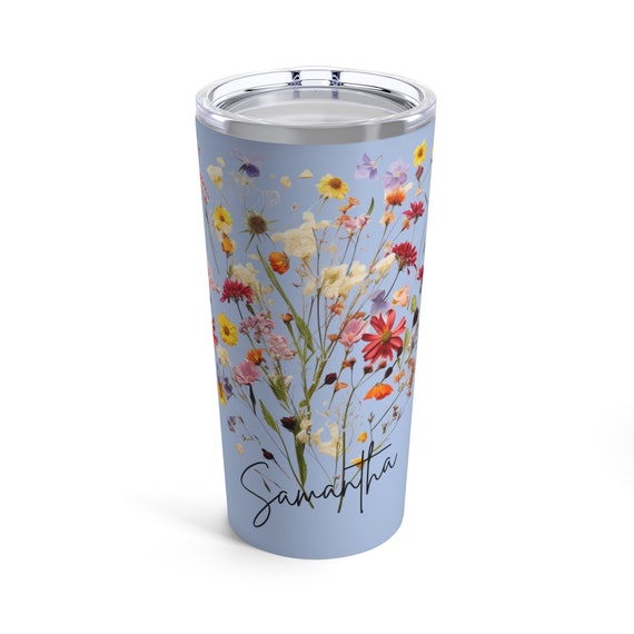 Personalize this Boho Wildflower Tumbler with your name in Script, Custom cup, custom Wildflower tumbler, boho wildflowers, floral cup