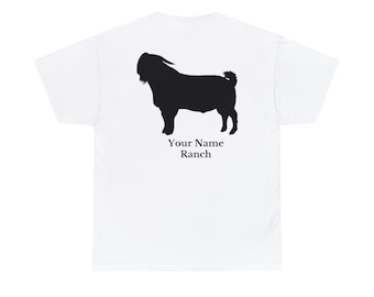 T-shirt personnalisé en coton Boer Goat Buck, ajoutez le nom de votre ranch pour être la chemise personnalisée parfaite parfaite pour un éleveur de chèvres Boer, un amateur de chèvres Boer