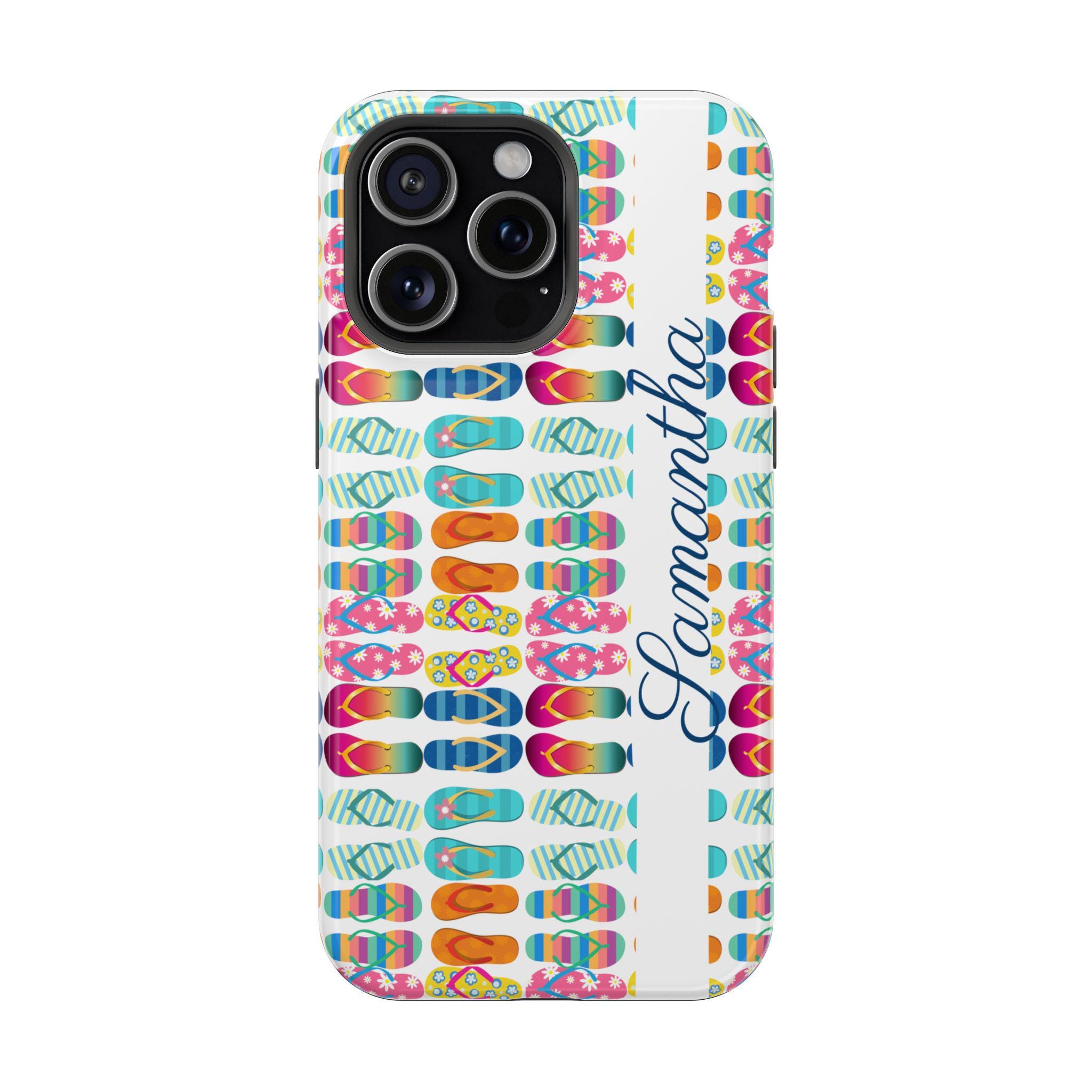 Personalized Just Flip Flops Magnetic Safe Tough iPhone 16, iPhone 15, iPhone 14, iPhone 13 Cases. Personalize it to make the Perfect gift!