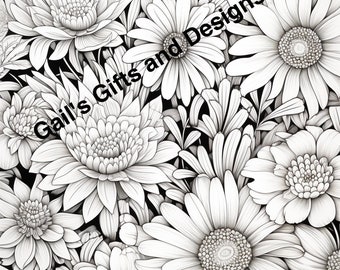 Daisy and Mums Flowers Coloring Page for Adults and Children, Instant Download, Boho flowers, garden scene for coloring