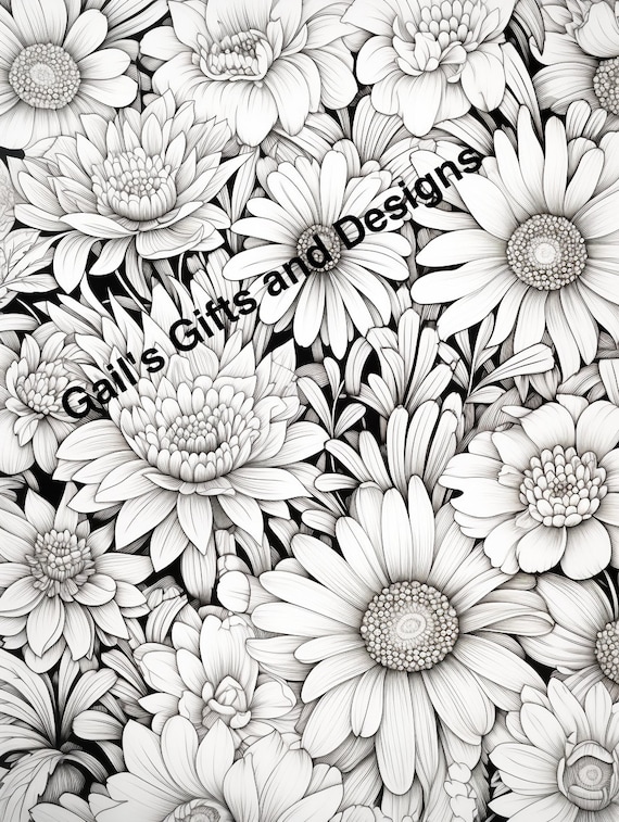 Daisy and Mums Flowers Coloring Page for Adults and Children, Instant Download, Boho flowers, garden scene for coloring