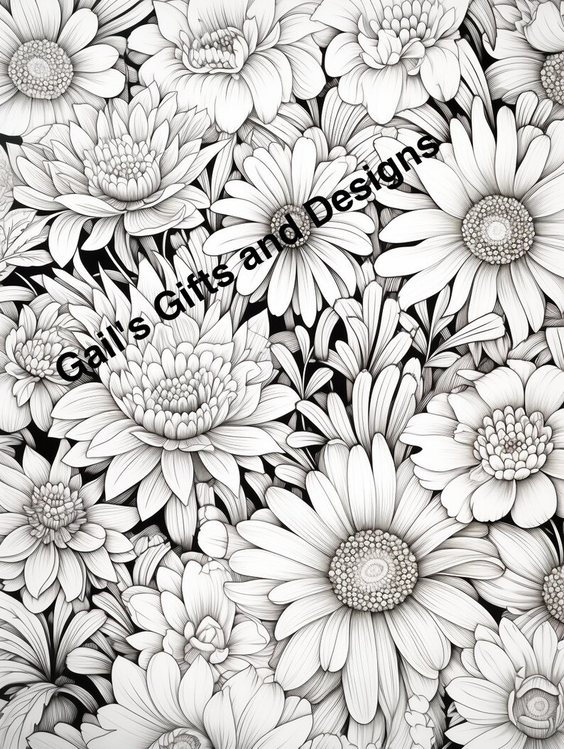 Daisy and Mums Flowers Coloring Page for Adults and Children, Instant Download, Boho flowers, garden scene for coloring image 1