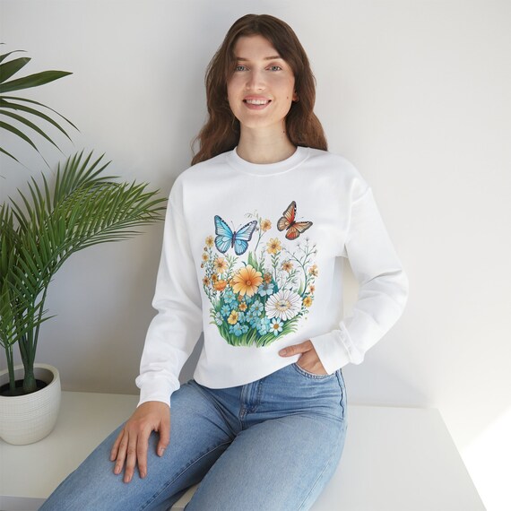 Wildflowers and Butterflies Sweatshirt. Amazing flowers in beautiful Flowercore colors