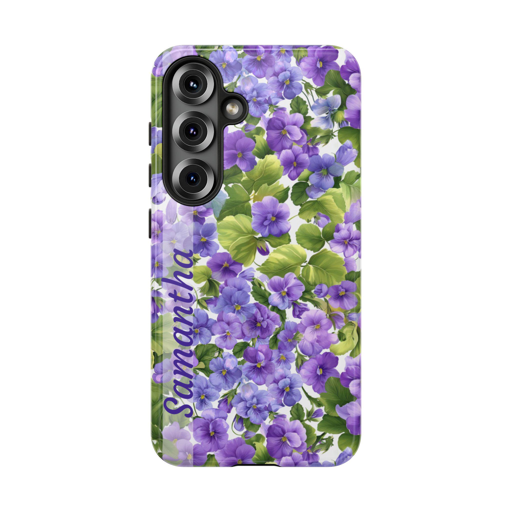 Tiny Violets Personalized Samsung Galaxy S25, S24, S23, S22, S21 phone case. Custom Name is optional. Violets perfect for your gardener.