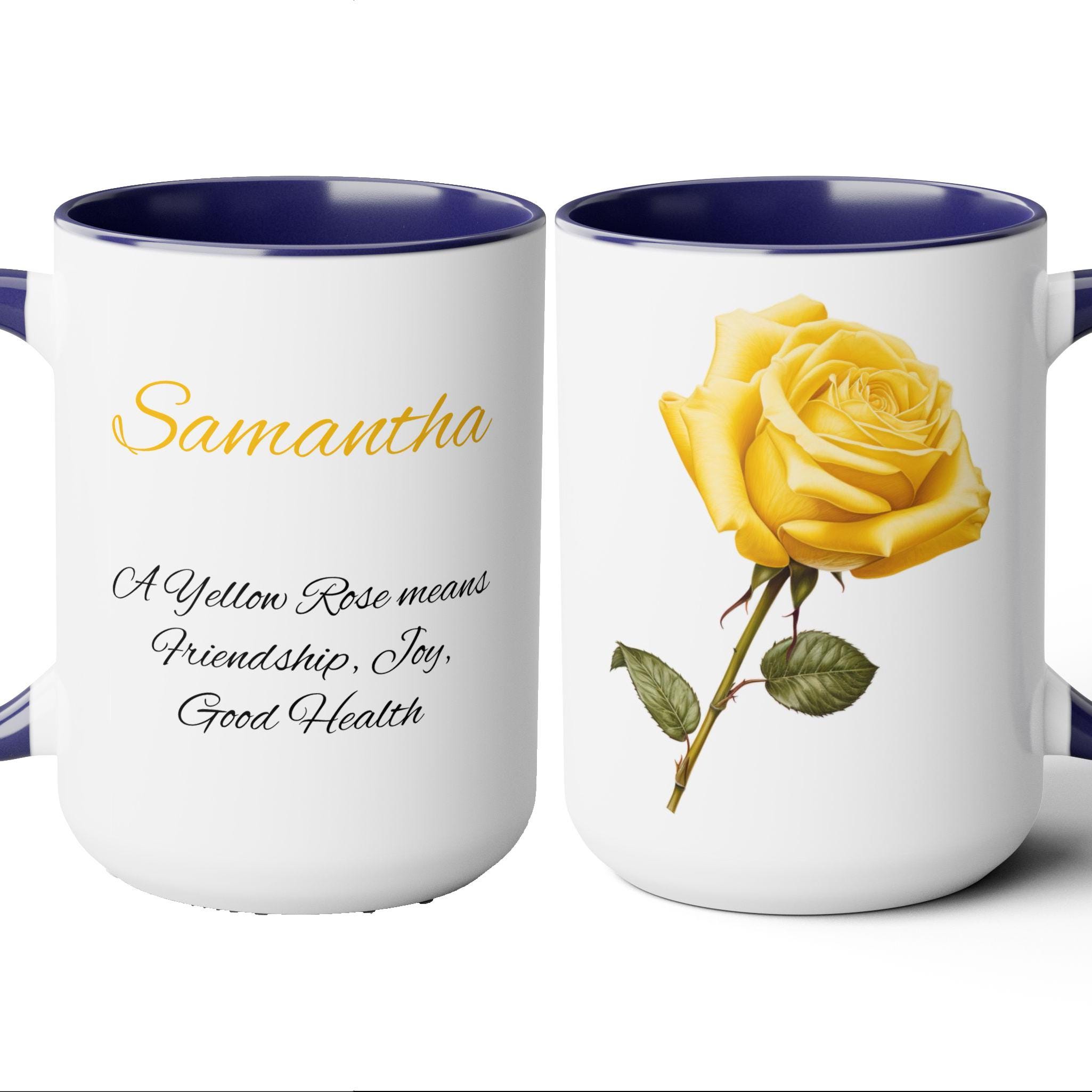 Yellow Rose Language of Flowers Personalized Coffee Mugs, 15oz. Add Custom Text to this Rose cup to make it a perfect gift!
