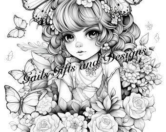 Fée mignonne avec des papillons Coloriage pour adultes Fichier téléchargeable Livre quatre, Fée Fairycore incroyable avec des papillons et des fleurs