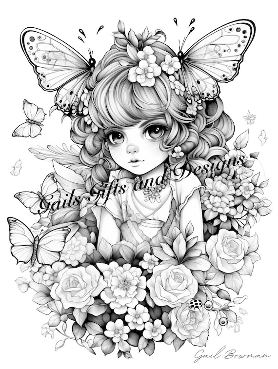 Cute Fairy with Butterflies Coloring Page for Adults Downloadable File Book Four, Amazing Fairycore fairy with Butterflies and Flowers