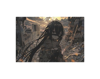 Anime-Inspired Girl standing over a ruined city Metal Art Sign. Perfect gift for the fantasy, gaming, anime enthusiast