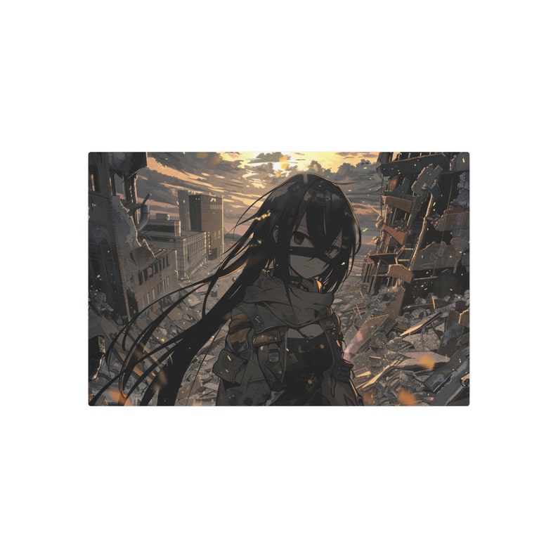 Anime-Inspired Girl standing over a ruined city Metal Art Sign. Perfect gift for the fantasy, gaming, anime enthusiast image 1
