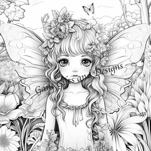 Fairies Book of 5 Coloring Pages for Adults Downloadable File Book Six, Amazing Fairycore fairy with Flowers, Toadstools and a Tree House image 2