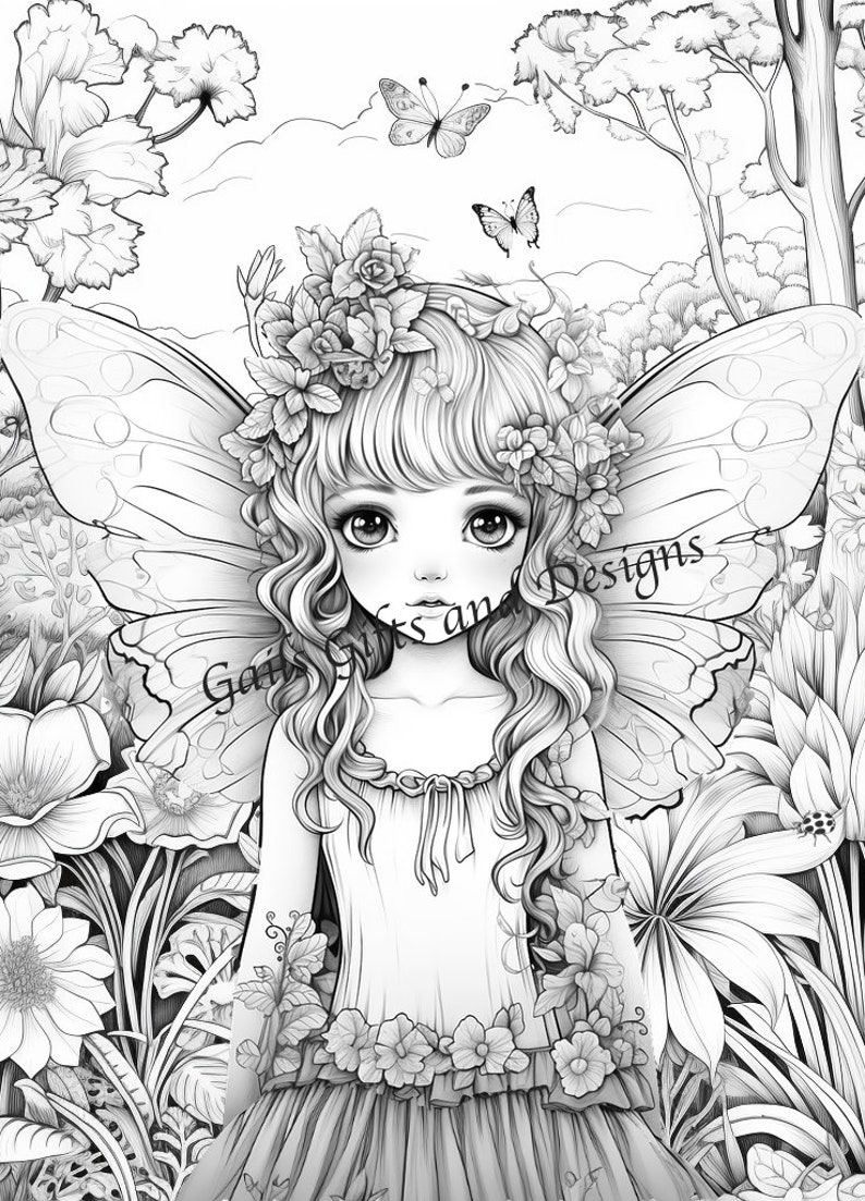 Fairies Book of 5 Coloring Pages for Adults Downloadable File Book Six, Amazing Fairycore fairy with Flowers, Toadstools and a Tree House image 2