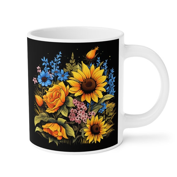 Vintage Sunflowers  coffee cup 15/20 oz, sunflower cup, botanical, sunflower lover, boho sunflowers, cottagecore, vintage floral