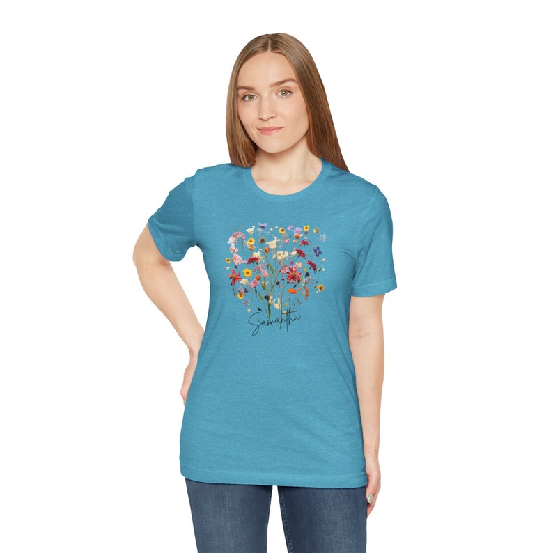 Personalized Boho Wildflower T-Shirt with your name in Script, Custom shirt, custom Wildflower shirt, boho wildflowers, floral shirt Heather Aqua
