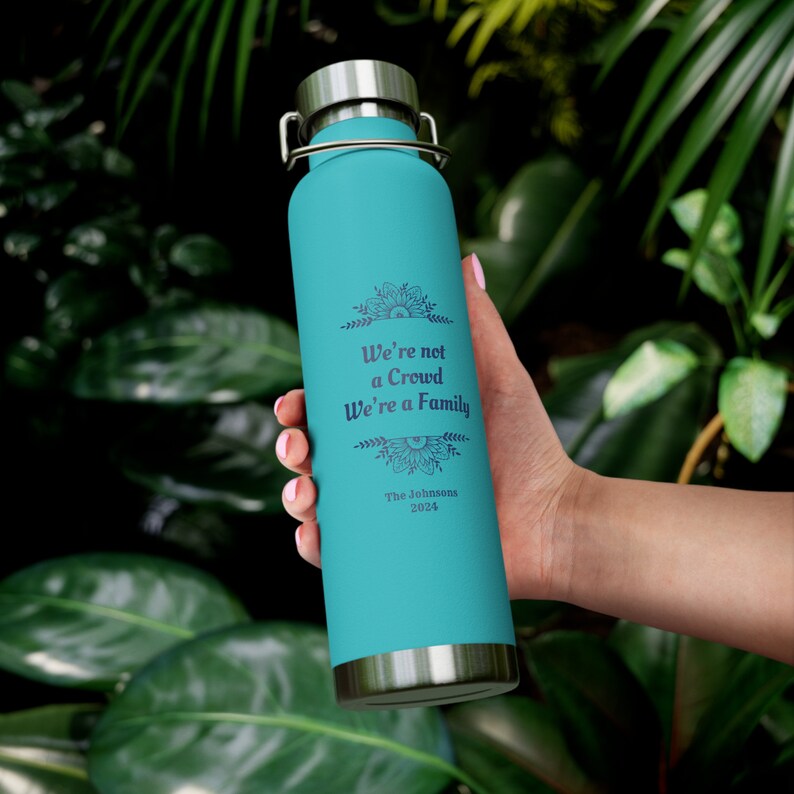 Personalized We're a Family Copper Vacuum Insulated Bottle, 22oz. Custom Family Reunion bottle, Custom Church group bottle Mint Green