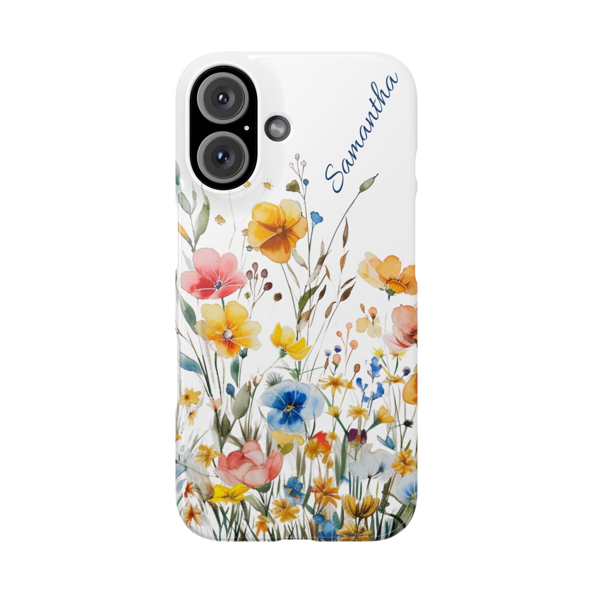 Personalized Watercolor Wildflowers iPhone 16, iPhone 15, iPhone 14, iPhone 13, iPhone 12 Cases. Optional customization on floral case