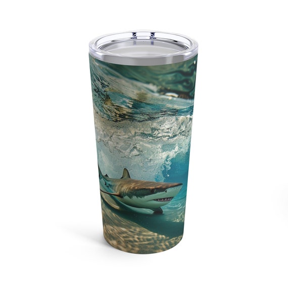 Great White Shark in Surf Tumbler 20 Oz, Great White shark Cup, Shark Travel Mug, Gift for Great white enthusiast