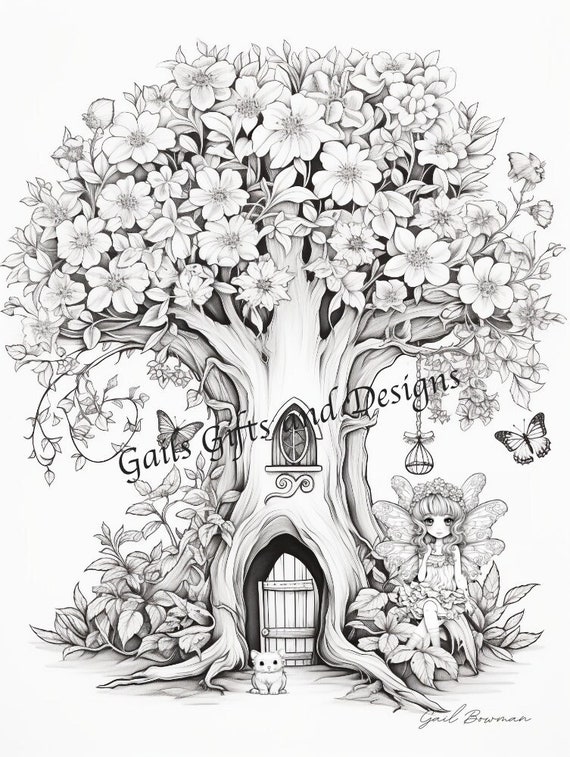 Fairy with Tree House Coloring Page for Adults Downloadable File Book Six, Amazing Fairy, Fairycore fairy with a Cute Pet and Fairy house