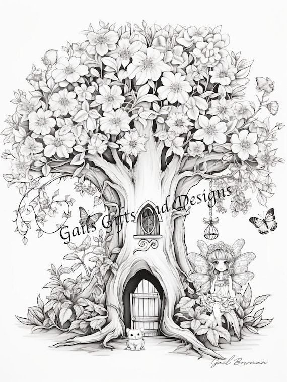 Fairy with Tree House Coloring Page for Adults Downloadable File Book Six, Amazing Fairy, Fairycore fairy with a Cute Pet and Fairy house