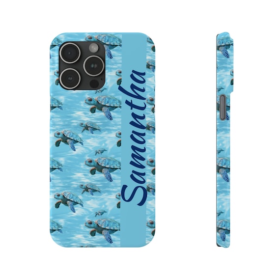 Personalized Baby Turtle iPhone 15 Phone Cases. Custom Name on Cute Baby Sea Turtles for your Beach Lover