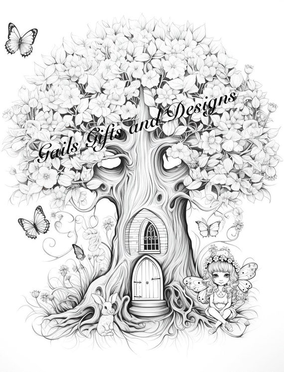 Fairy with Tree House Coloring Page for Adults Downloadable File Book Four, Amazing Fairy, Fairycore fairy with Flowers and Fairy house