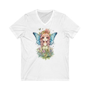 Fairy with Blue Wings V-Neck t-shirt. Amazing Pretty Fairycore fairy in beautiful Flowercore colors White