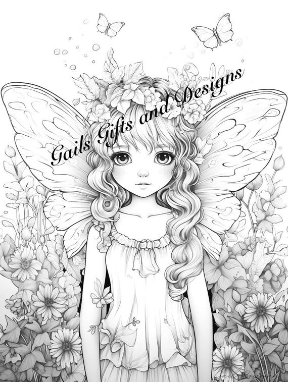Fairy with Butterflies Coloring Page for Adults Downloadable File Book Three, Amazing Fairy, Fairycore fairy with Flowers and Butterflies