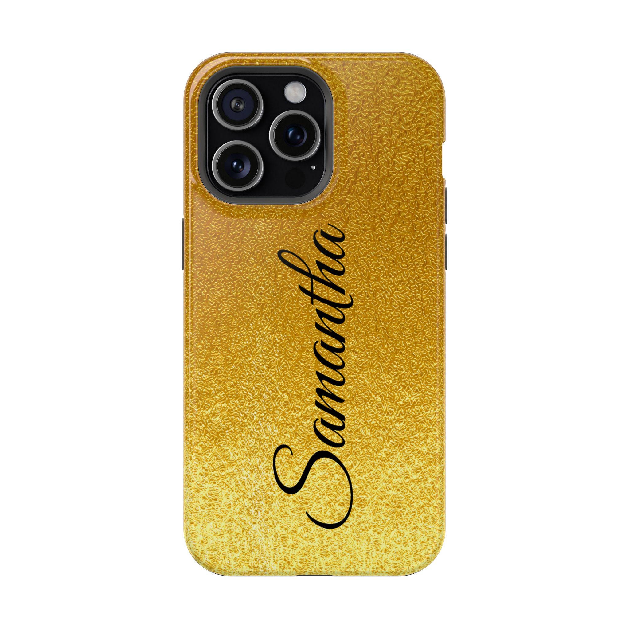 Your Name on Gold Leaf Personalized Magnetic Safe Tough iPhone 16, iPhone 15, iPhone 14, iPhone 13 case. Custom Name is optional. Bling!