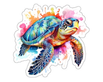 Sea Turtle Sticker with White or Transparent edges, Colorful watercolor sea turtle, save the turtles, sea turtle lover, sea turtle sticker