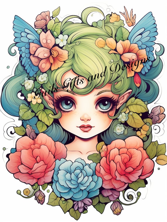 Green Fairy Downloadable image. Amazing Pretty Green haired Fairycore fairy Shirt in beautiful Flowercore colors