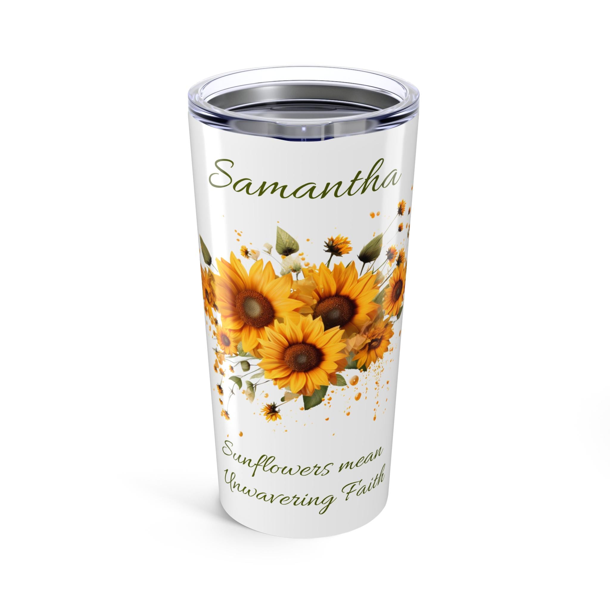 Sunflowers Language of Flowers Personalized Tumbler 20oz, custom sunflower cup, botanical, sunflower lover, boho sunflowers, cottagecore!