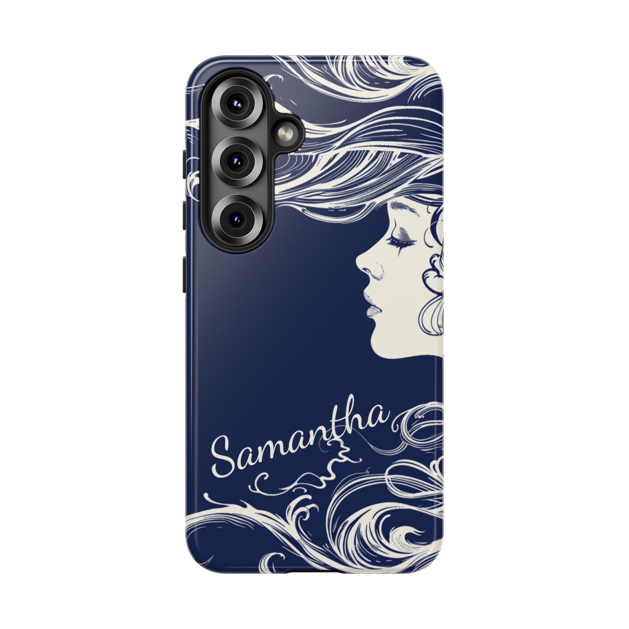 Personalized Woman with Ocean Hair on Samsung Galaxy S25, S24, S23, S22, S21 phone case. Long Hair Blowing in the Wind Phone Case